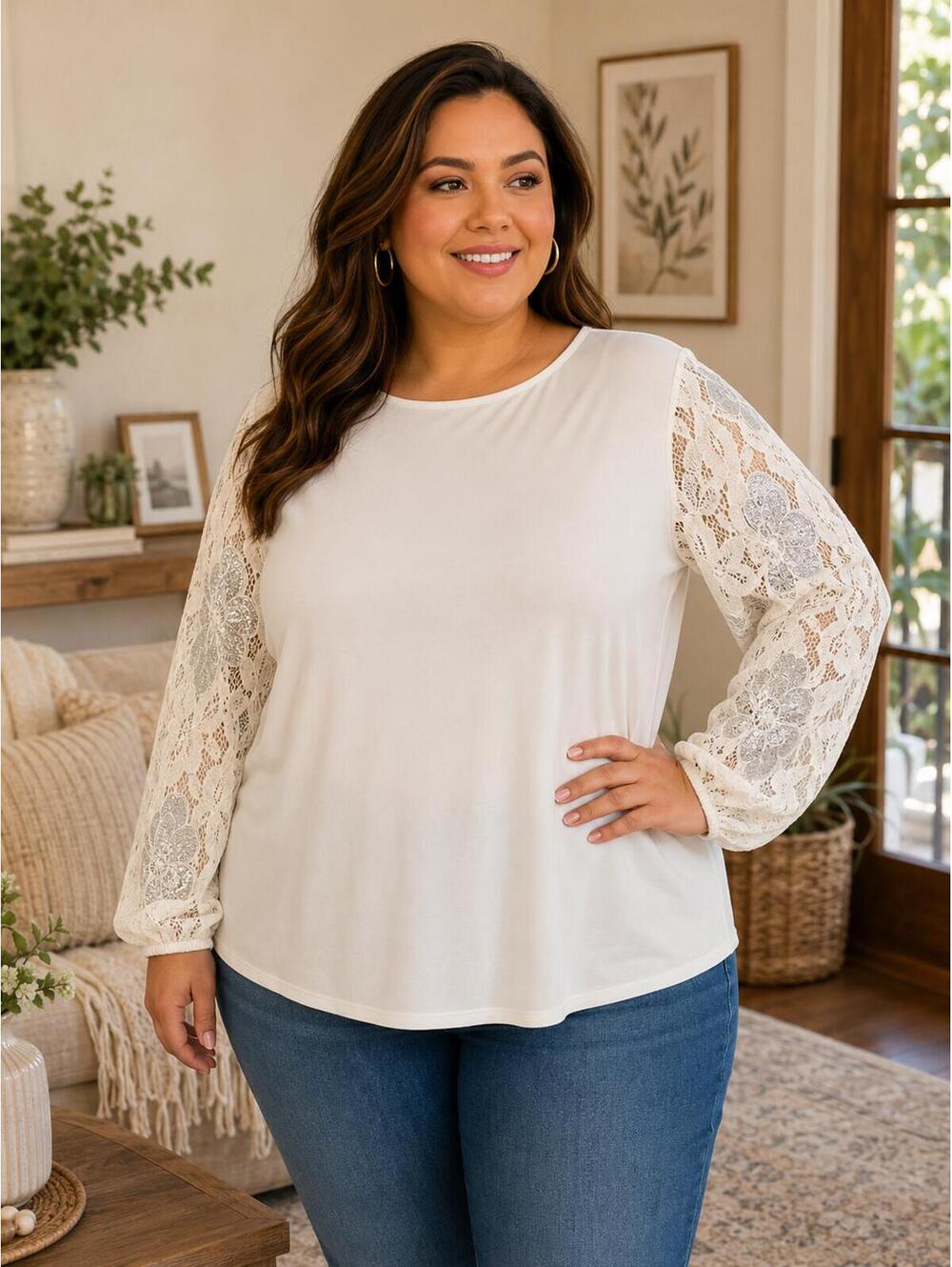 371 Est. 1946 Size 18/20 Ivory Lace Sleeve Blouse Top 28" PTP 2XL R0000371